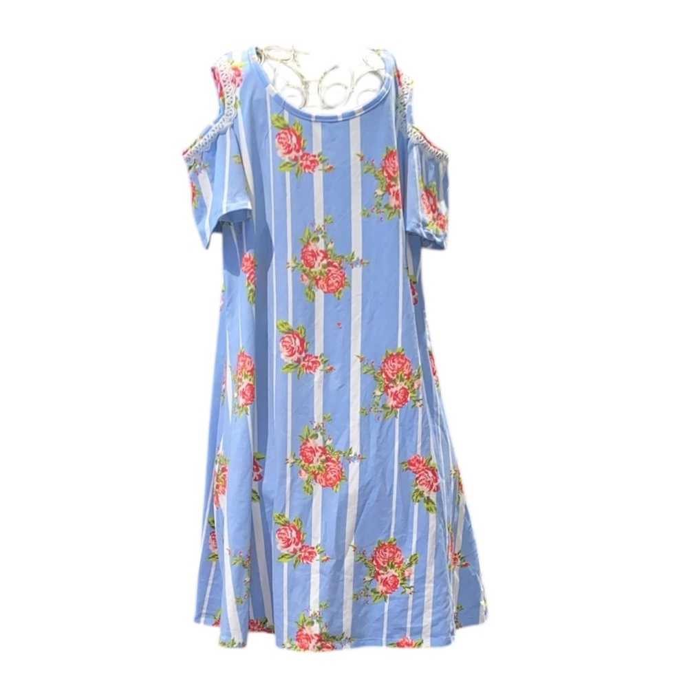 Lily Bleu Blue and White Striped Floral Cold Shoulder Dress Size 10